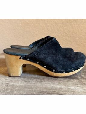 UGG Abbie black suede mule clogs with studded accents and wooden heels size 7